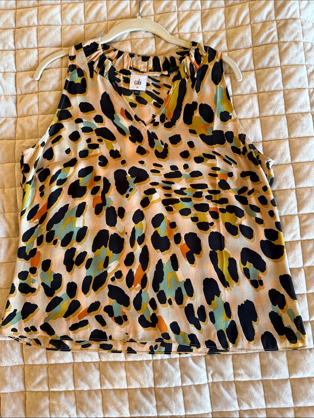 CAbi Sleeveless V-Neck Cami in Cream with Black, Olive & Rust Spots
